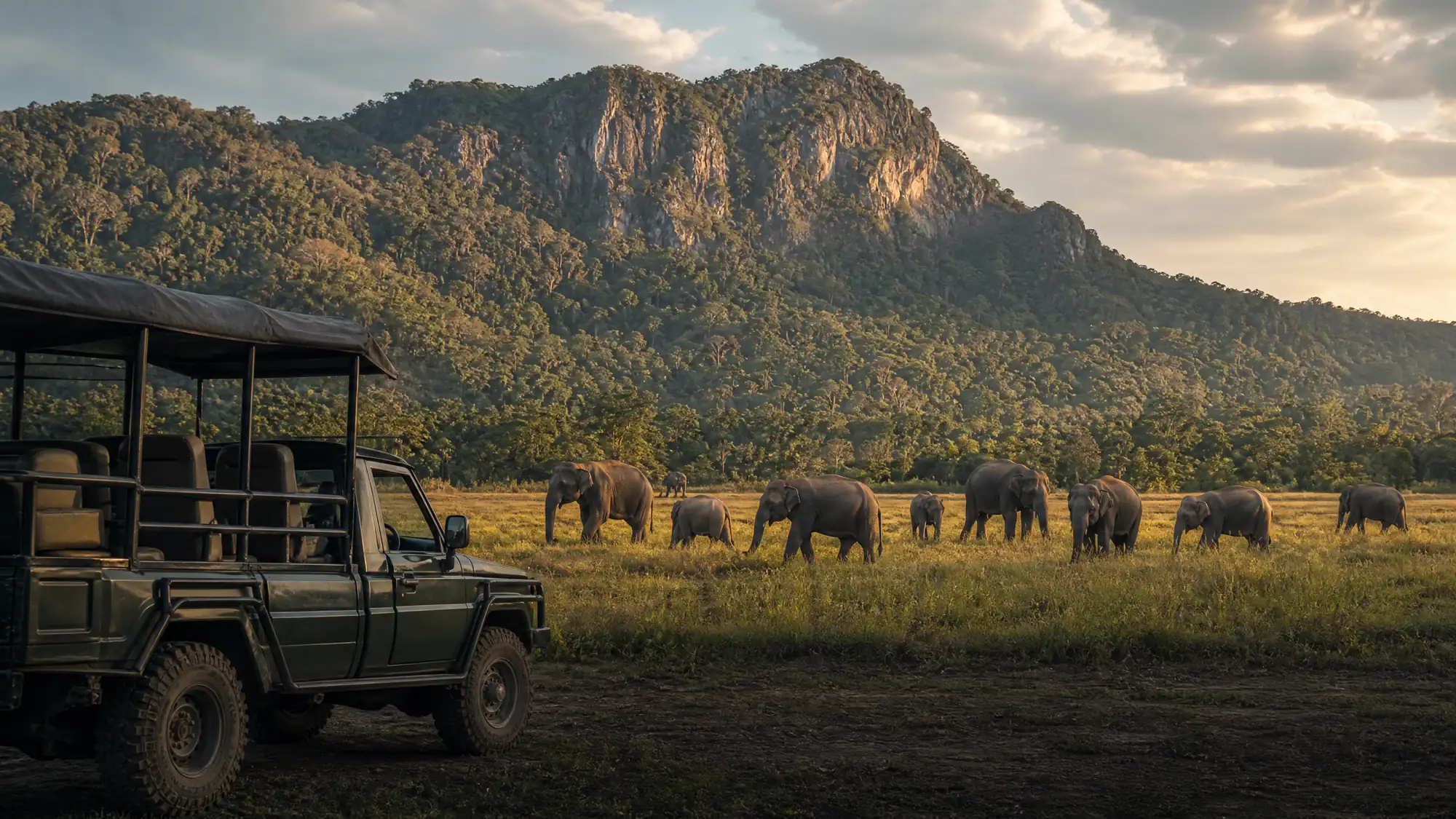 Observez des éléphants d'Asie sauvages dans leur habitat naturel. Explorez les prairies ouvertes à bord de pick-up 4x4 de safari obligatoires conduits par les gardes forestiers locaux du parc.